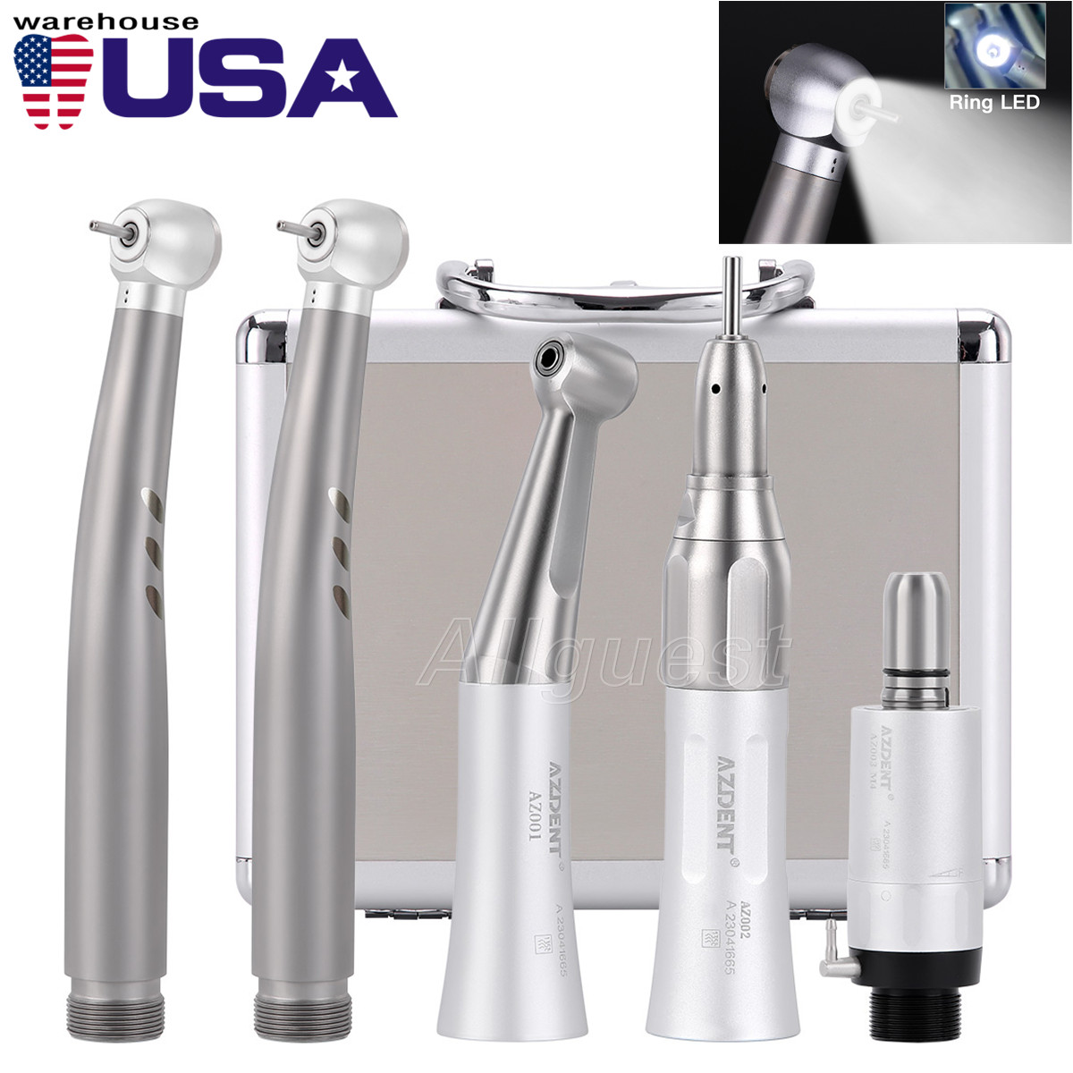 AZDENT Dental Ring LED E-generator High Speed&Low Speed Handpiece Kit 2 Hole USA
