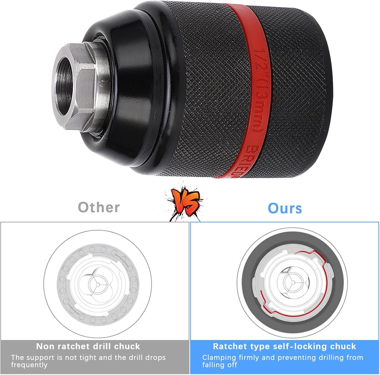 Metal Heavy Duty 1/2-20UNF 13mm Keyless Drill Chuck Hex Shank/SDS/Square Adaptor