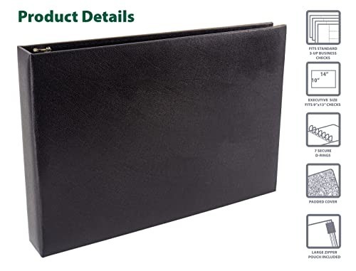 Executive Check Binder with Zipper Pouch, 7 Ring, Padded Black Cover, Holds 600