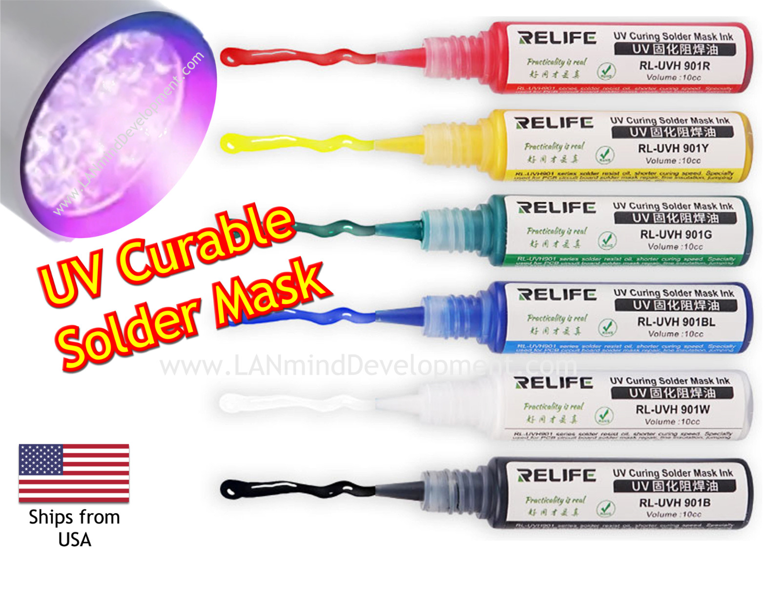 10ml RELIFE UV Curable Solder Mask 10 ml Squeezable tube dispenser – 6 Colors