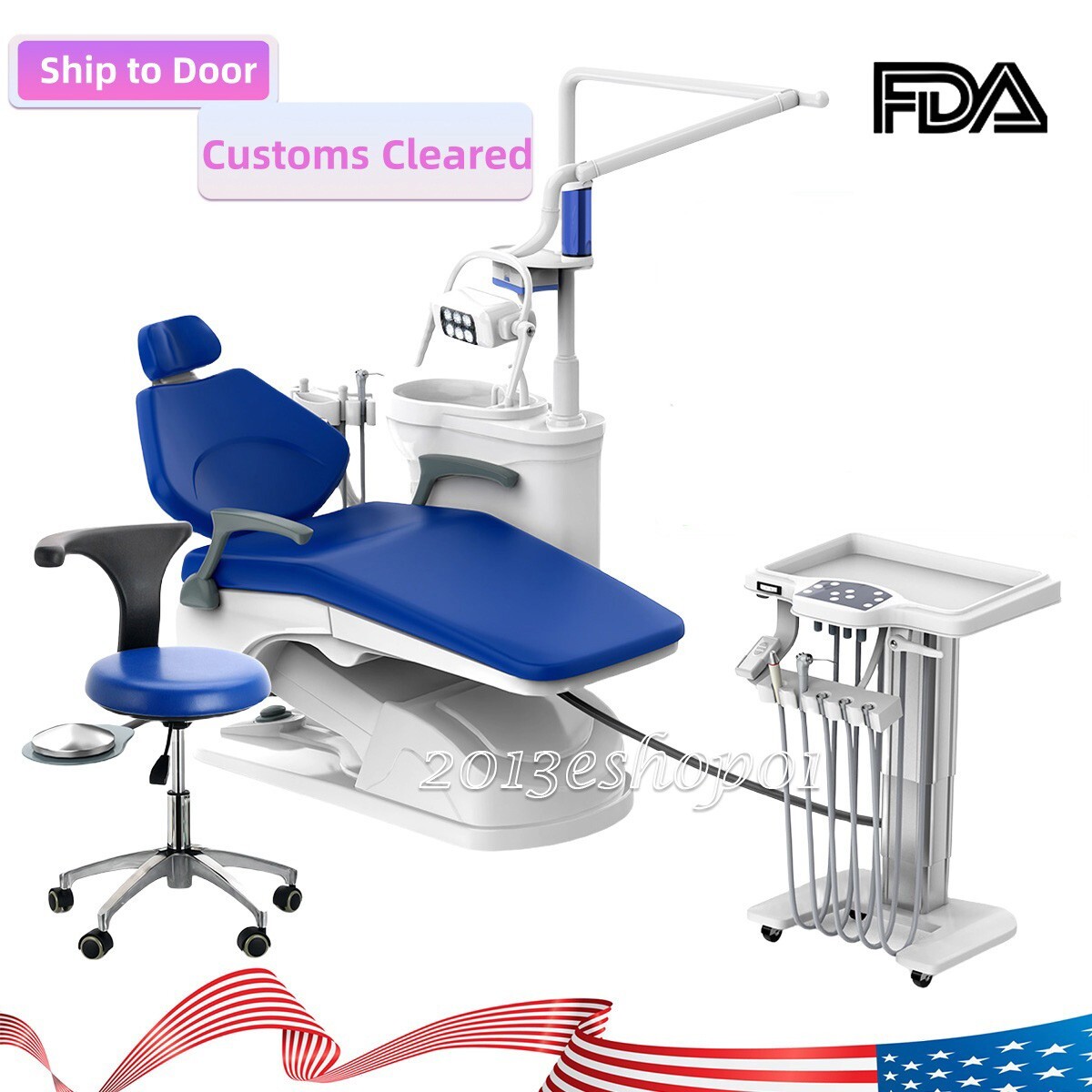 FDA Dental Chair Unit Computer Controlled DC Motor Integral Blue PU+ Stool