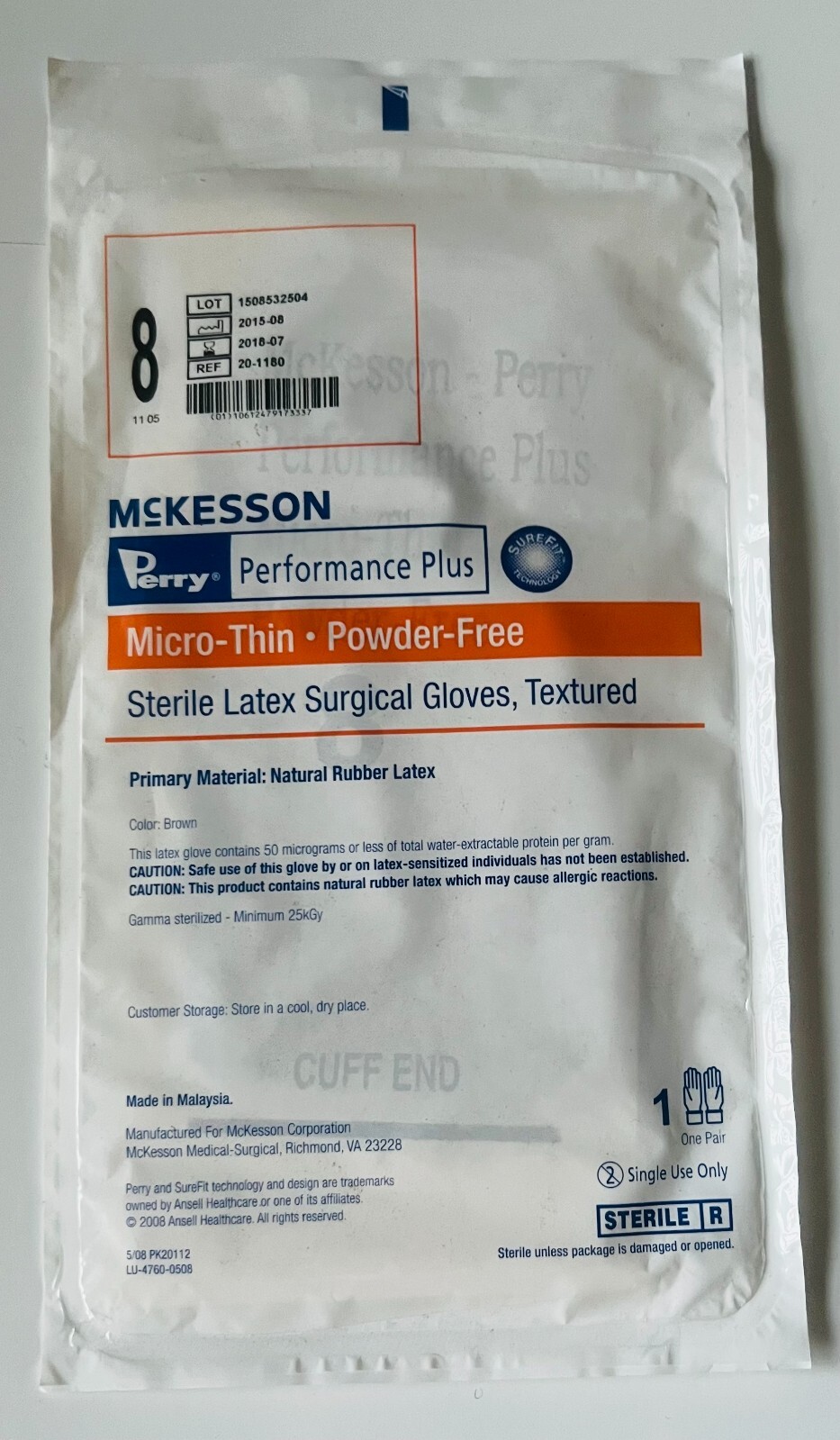10 PAIR GLOVES Micro-Thin Textured Sterile LATEX ,POWDER-FREE Size 8