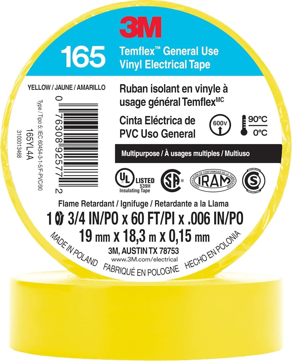 3M Temflex Multi-Purpose Vinyl Electrical Tape 165, Yellow, .75in x60 ft, 1 roll