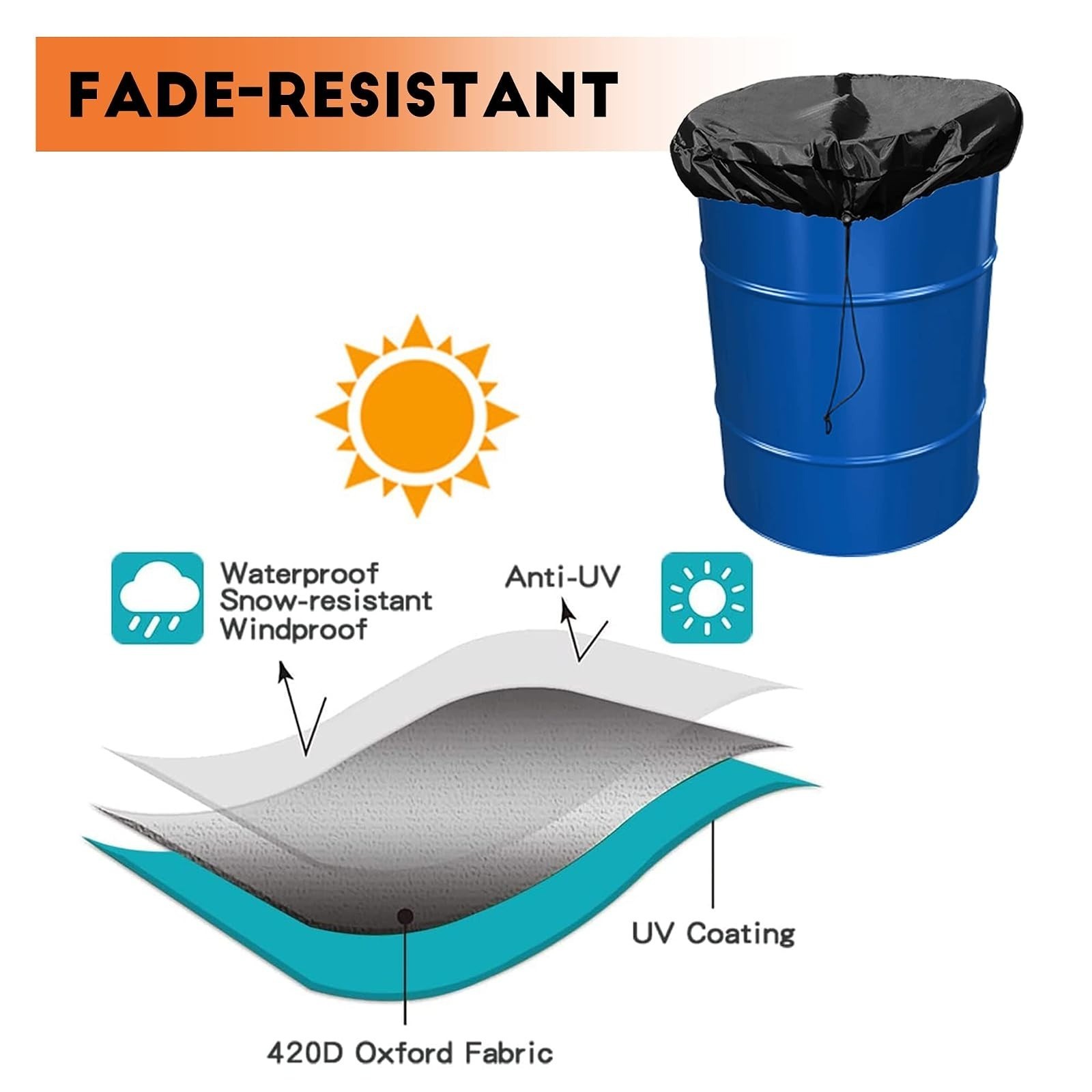 TECARATE 55 Gallon Drum Cover Waterproof Adjustable Drawstring Protection