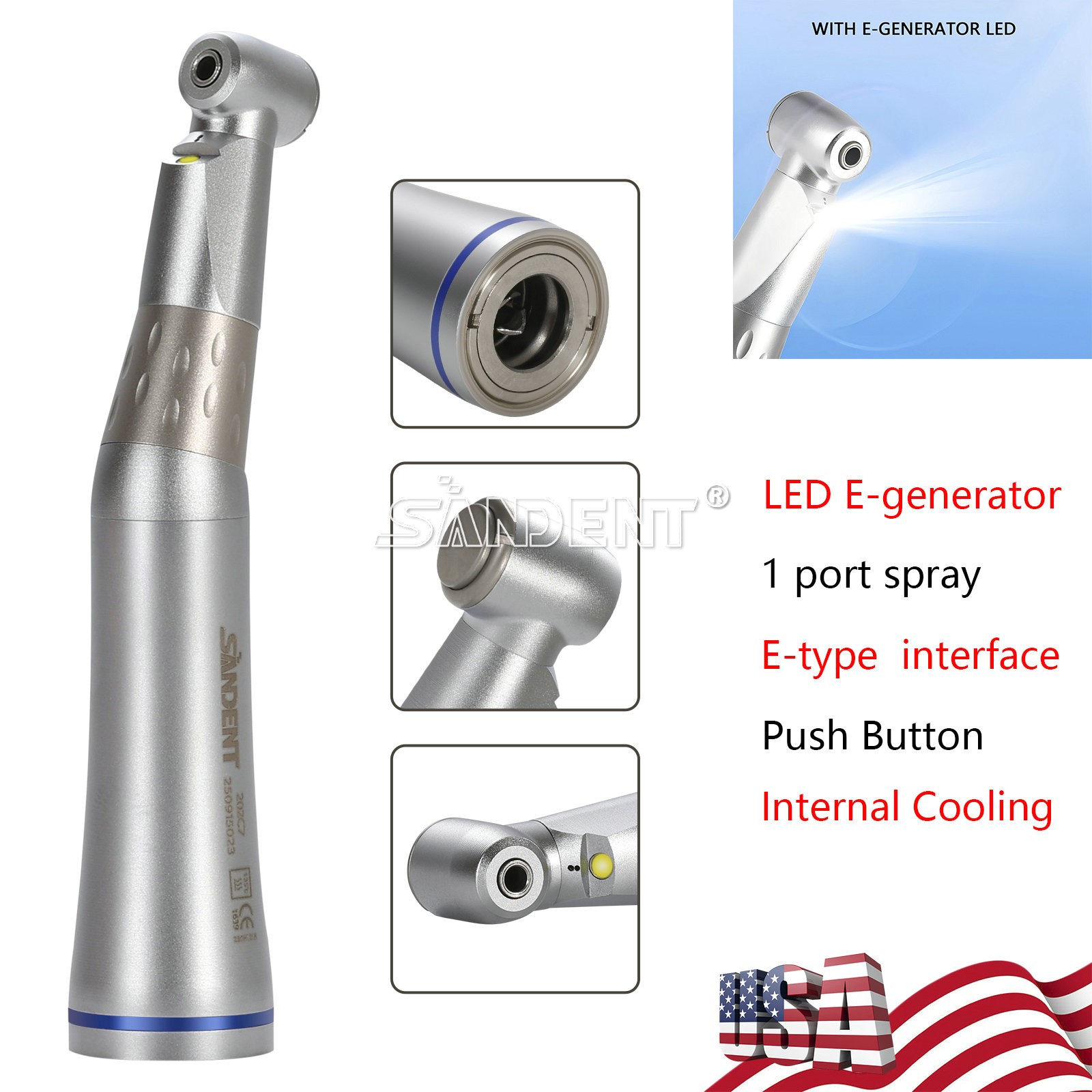 10PCS Dental 1:1 LED E-generator Handpiece Low Speed Contra Angle Internal Spray
