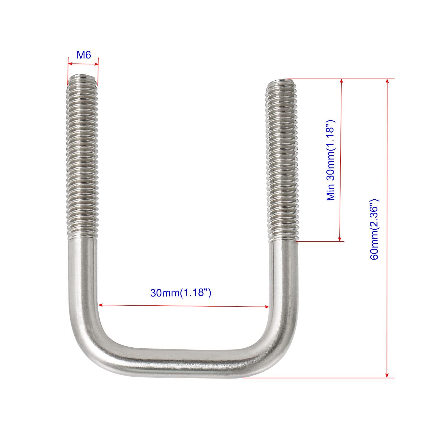 Square U-Bolts 1.18″30mm Inner Width M6 Thread 304 Stainless Steel Silver wit…