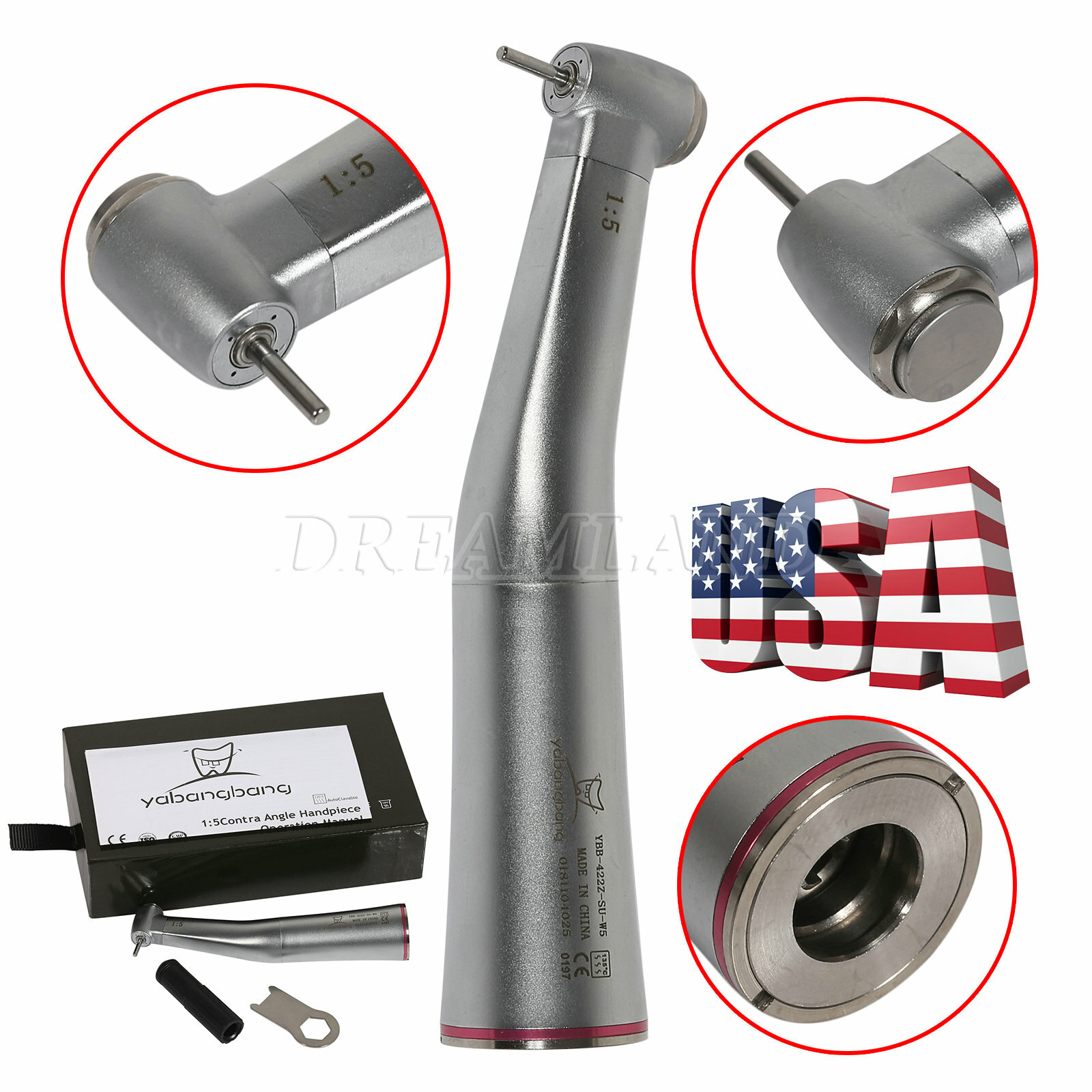 Dental LED Fiber Optic Contra Angle Handpiece 1:4.2 1:5 1:1 Increasing / NO-LED