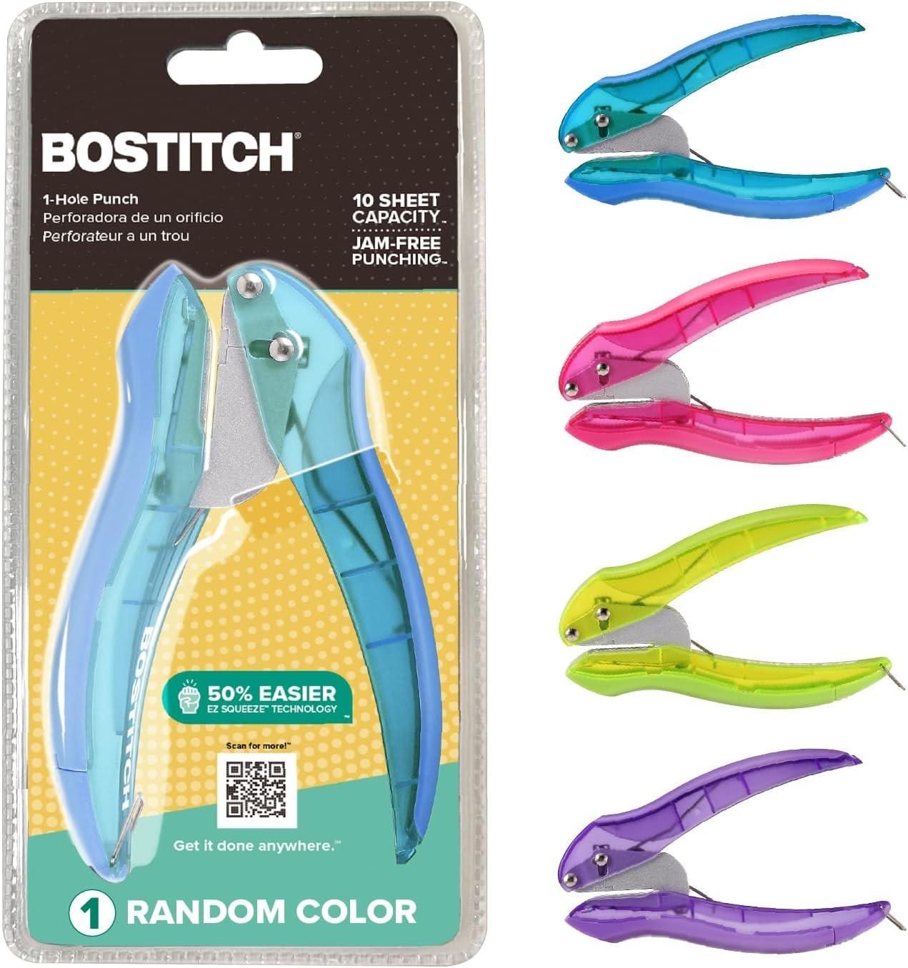 Bostitch Office inLIGHT One Hole Punch Reduced Effort Assorted Colors 2401