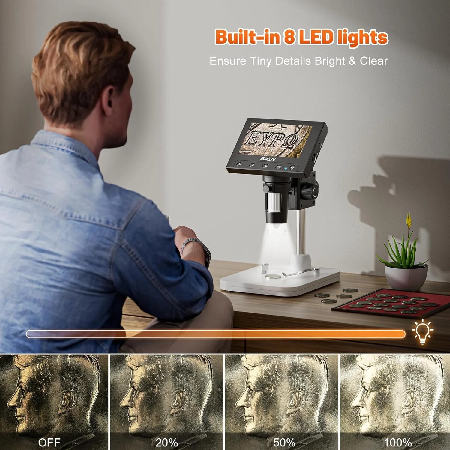 Elikliv Microscope, LCD Digital Coin Microscope 1000x, Coin Magnifier with 8 Adj