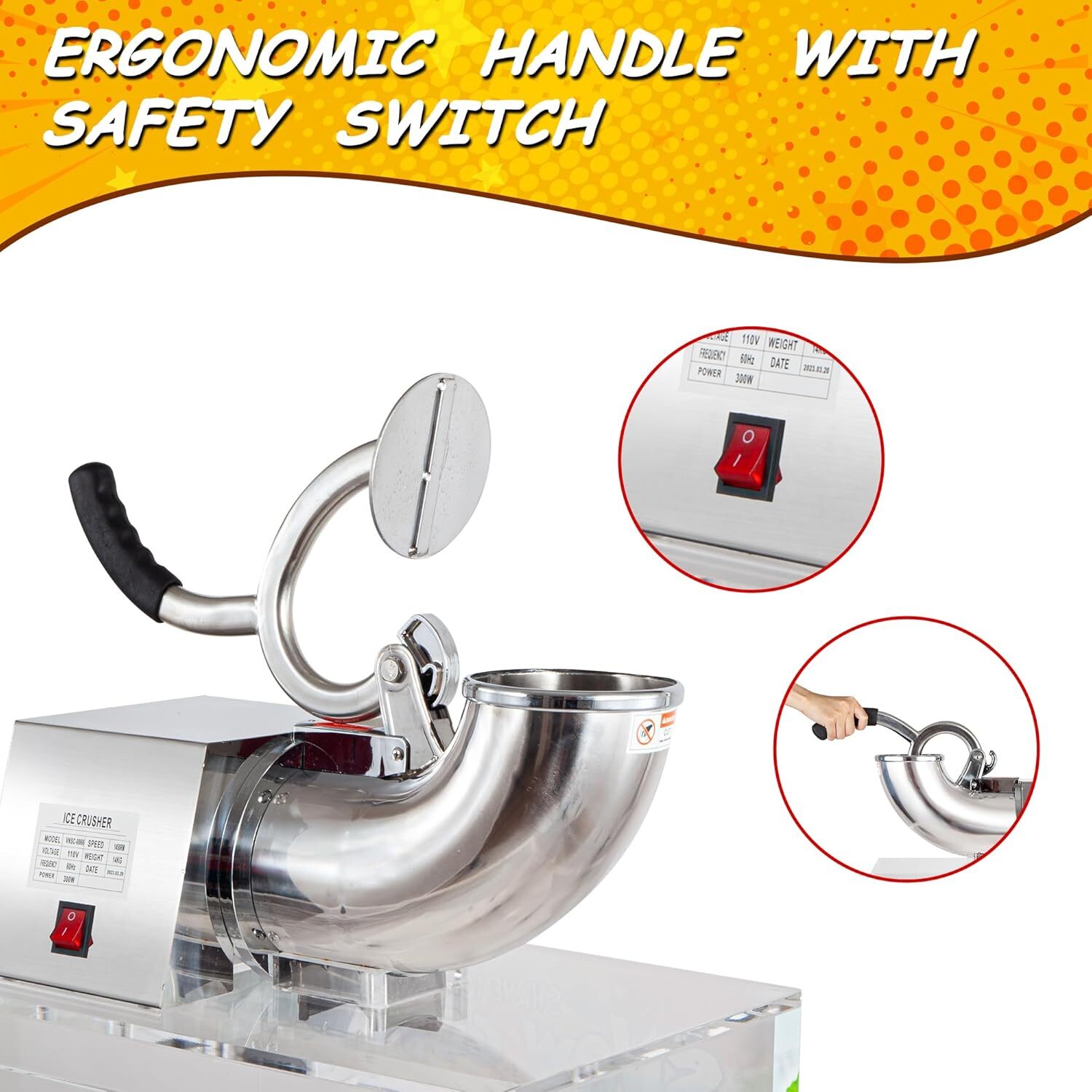 500LBS/H 300W Commercial Snow Cone Machine Ice Shaver Ice Crusher for Snow Cones