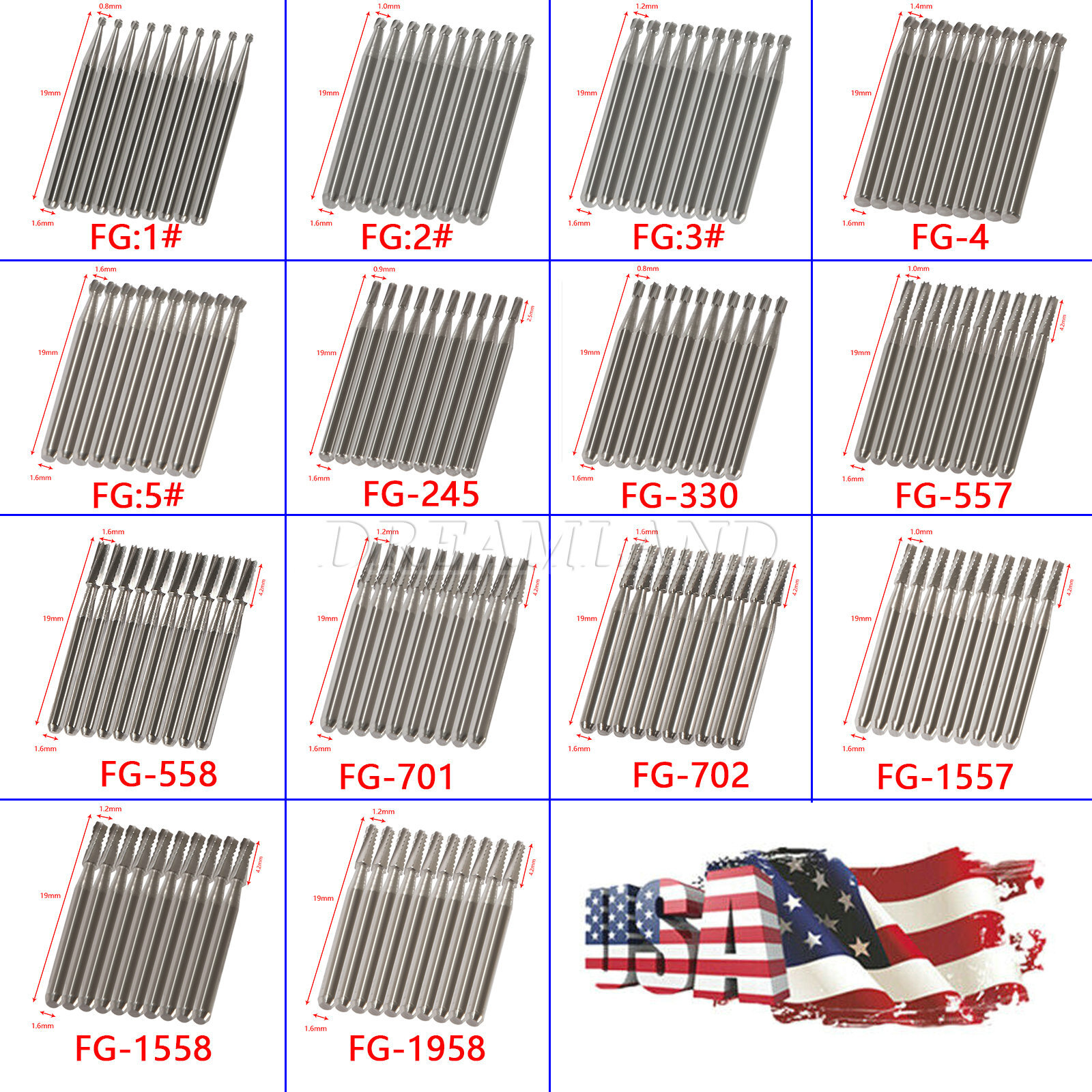Dental (Surgical) Tungsten Carbide Burs FG Burs fit for High Speed Handpiece