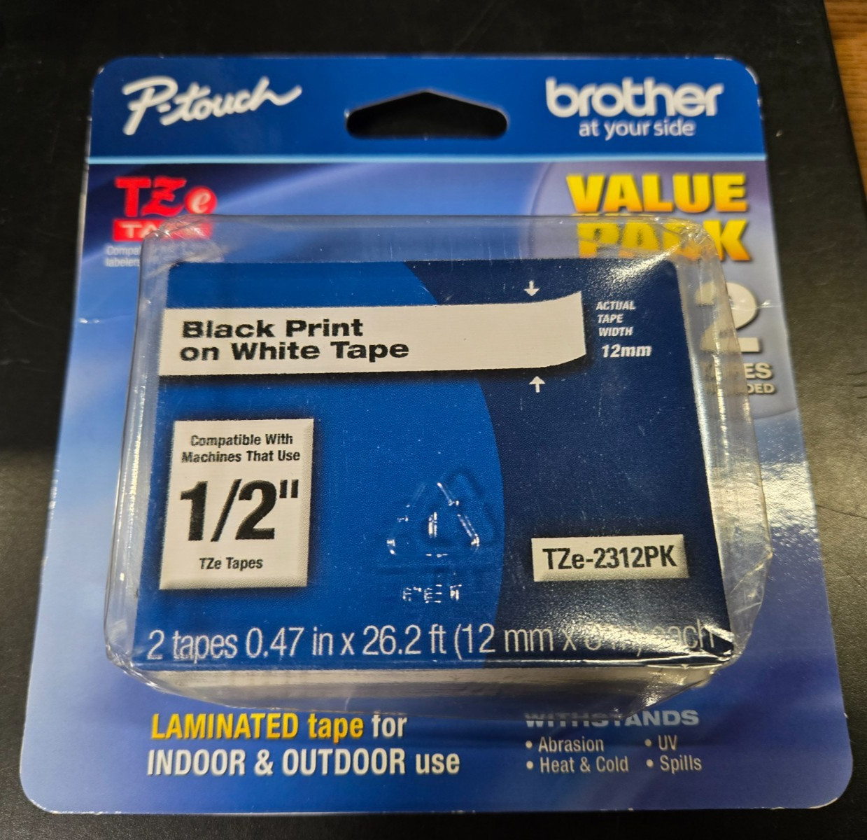 NEW Brother TZe-2312PK P-Touch Label Tape Black on White 1/2″ 12mm Value 2 Pack
