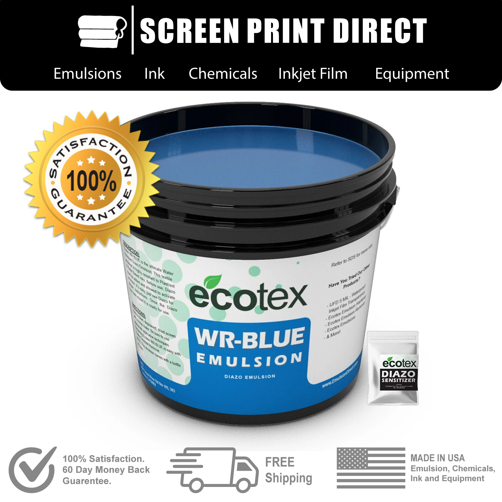 Ecotex® WR-BLUE – Water Resistant Diazo Screen Printing Emulsion – Quart- 32oz