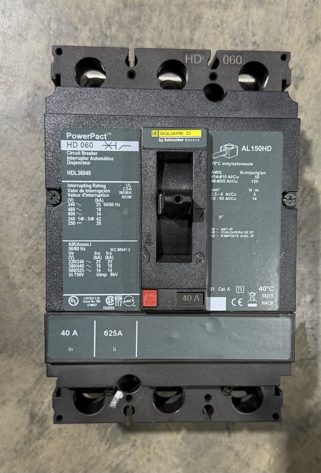 Square D He 060 Power Pact HDL36040 3 Pole Molded Case Circuit Breaker