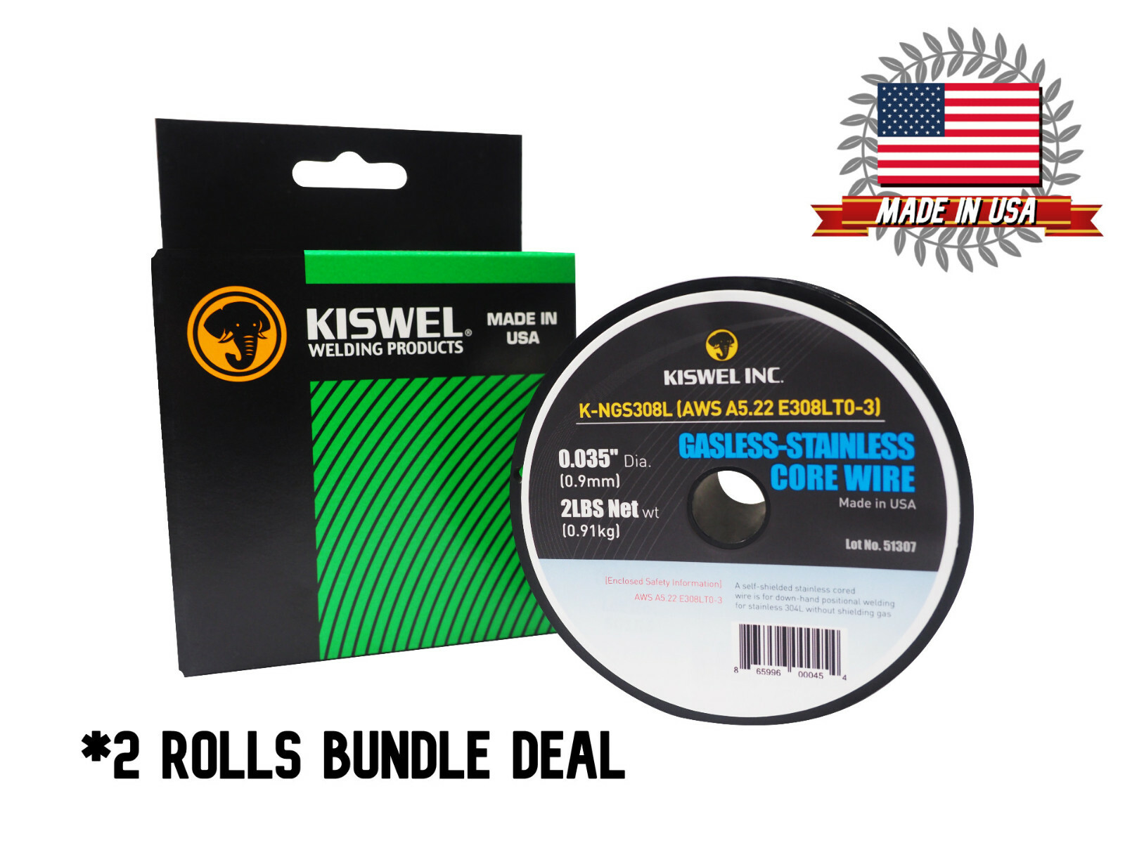 (Made in USA) E308LT0-3 .035 in Dia 2lb Gasless-Stainless Welding Wire (2 Rolls)