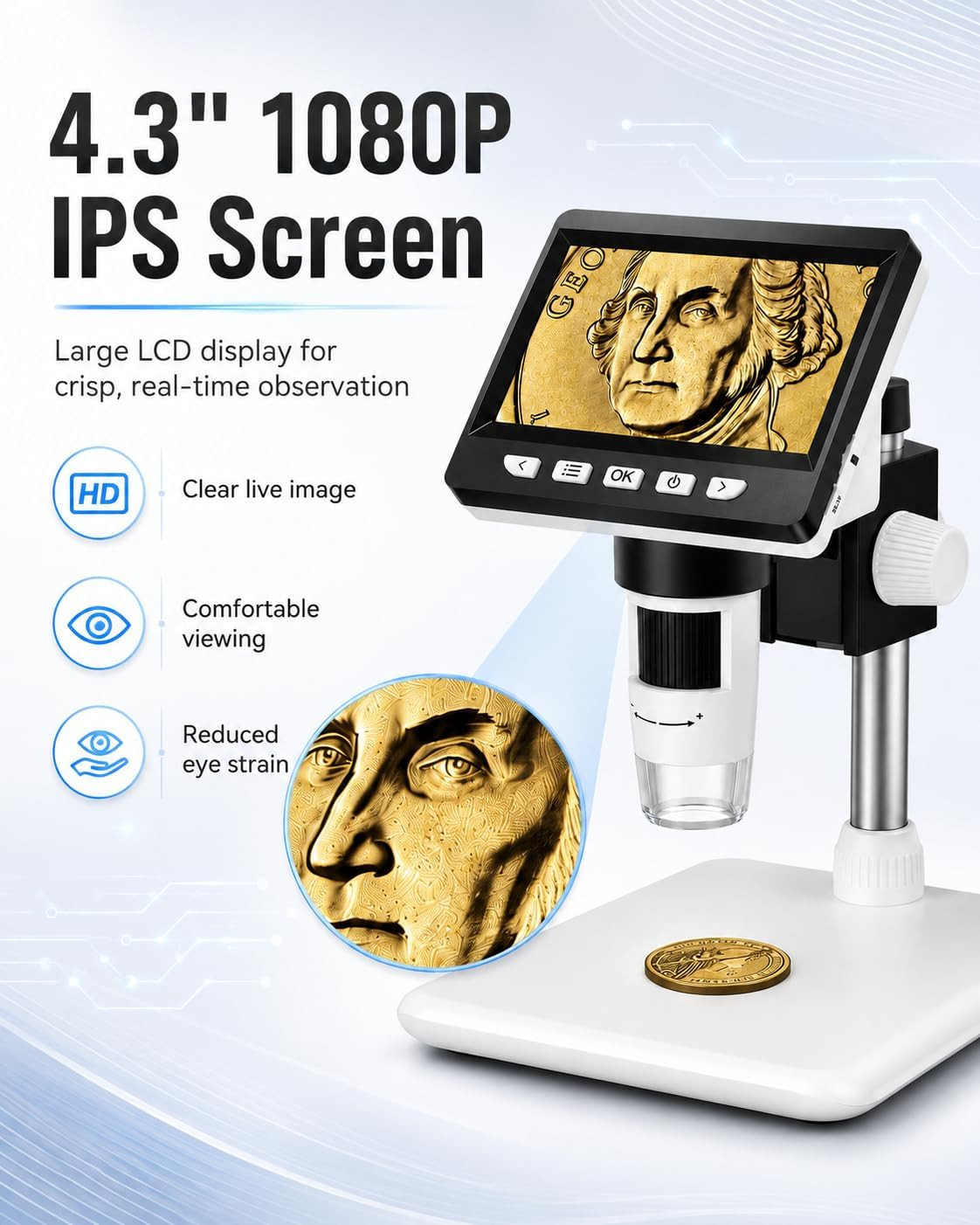 Coin Microscope, 4.3 Inch Digital Microscope 1000X Coin Microscope for Error Coi