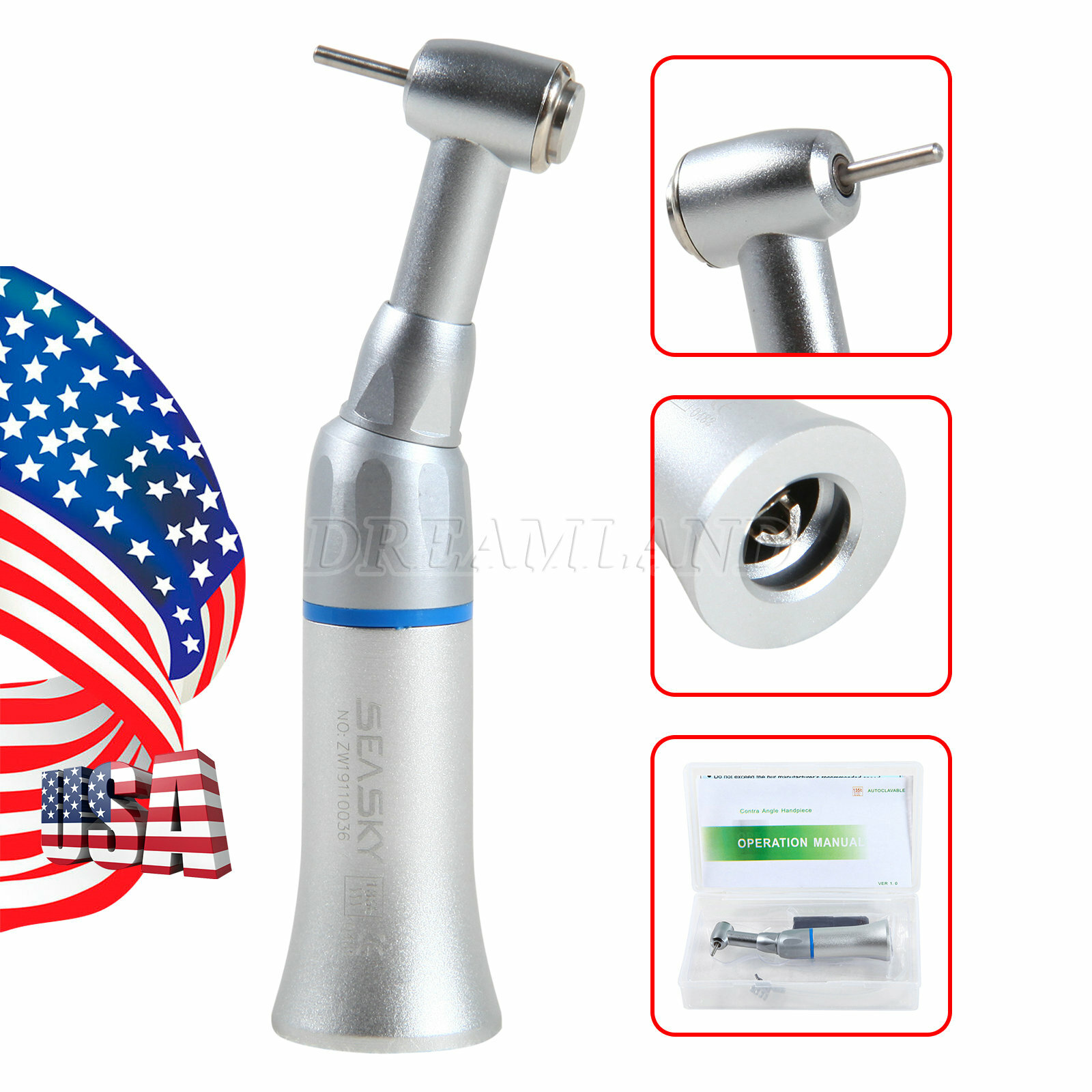 1-10* Dental Slow Low Speed Handpiece Push Button Contra Angle w/ FG 1.6MM Head