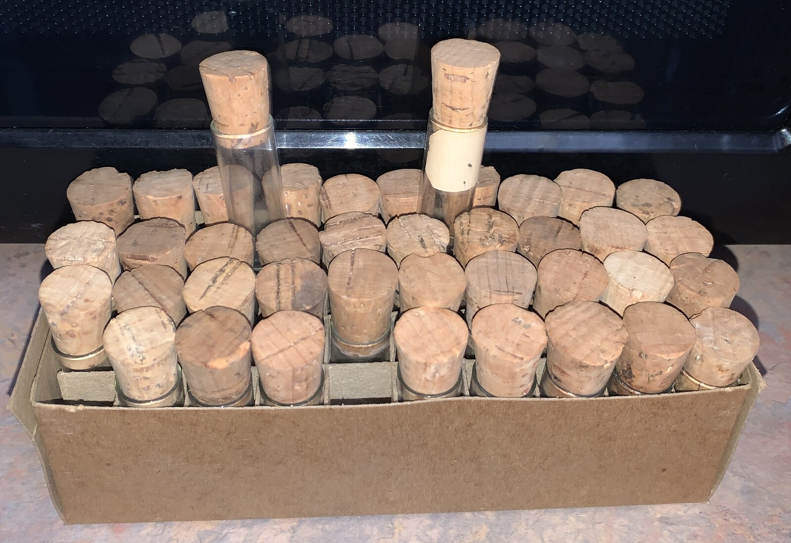 40 Vintage/Antique Glass Vials W/Cork Tops~Original Divided Stapled Box~2 3/4″