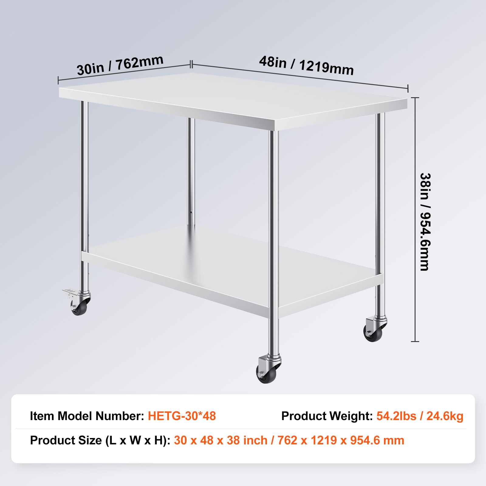 VEVOR Stainless Steel Work Table Commercial Prep Table 30×48 Inch With 4 Casters