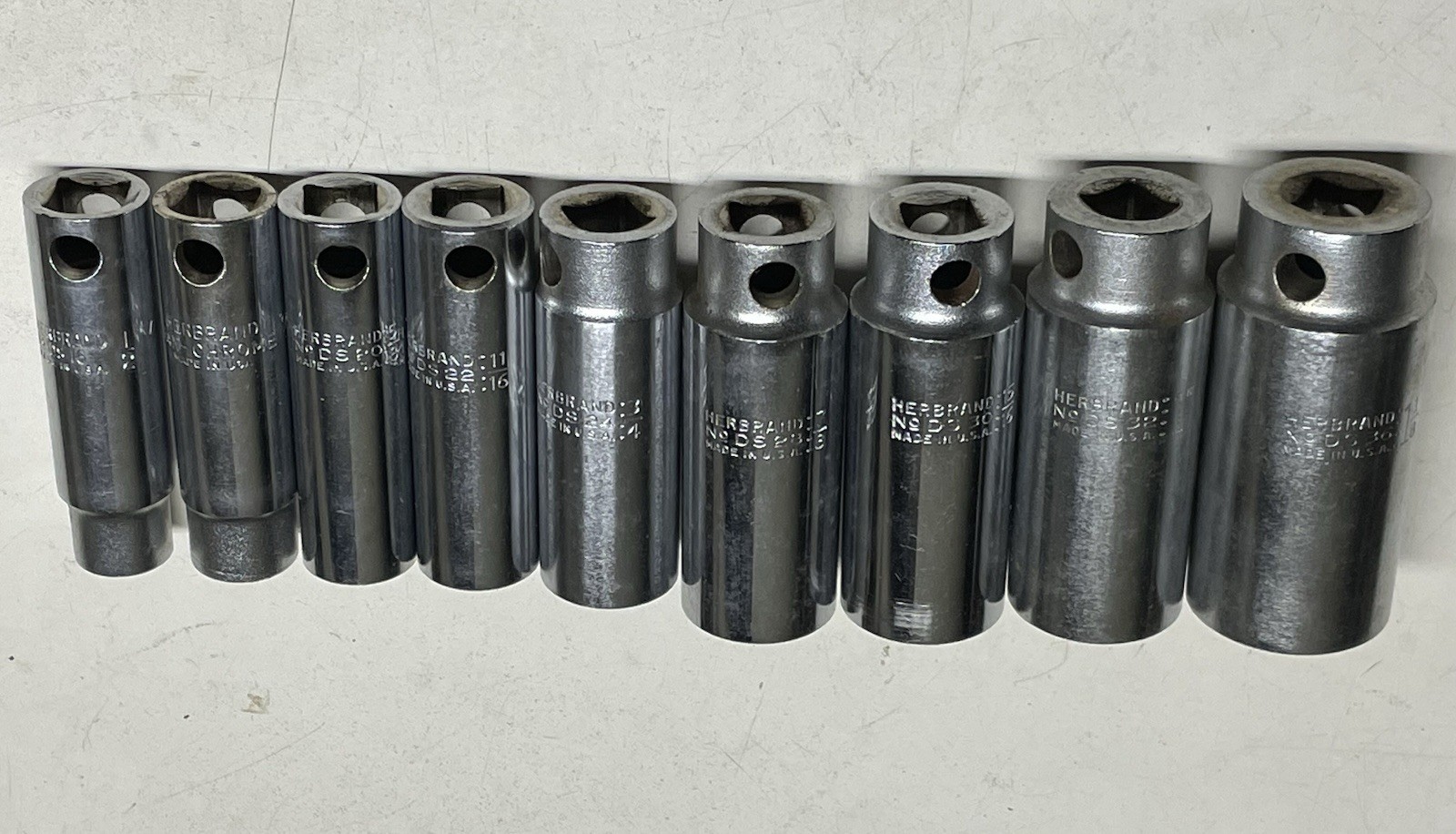 Herbrand 1/2” Drive 12 Pt Deep Sockets 1/2” To 1- 1/8” ~ 9 Pc. Set ~ Vintage USA