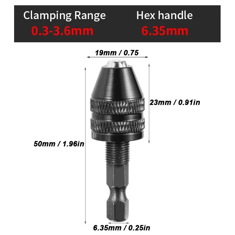 Mini ( 0.3mm to 3.6mm) Keyless Drill Chuck with 1/4″ Hex Shank Adapter – J016
