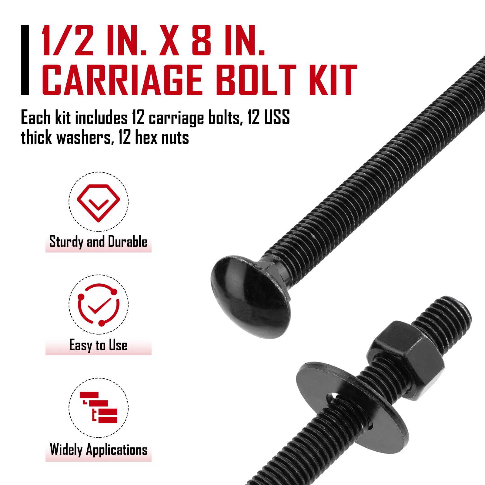 SPARKWHIZ 1/2 ” x 8 ” Carriage Bolt Kit Includes 12 Bolts 12 Washers & 12 Nuts