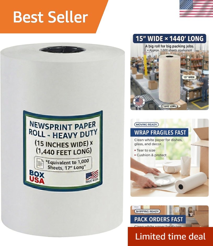 Bulk White Newsprint Packing Paper Roll 15″ x 1400ft – 1,000 Sheets for Moving