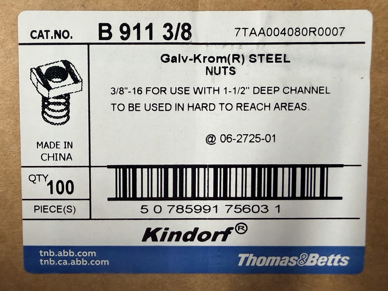 Thomas & Betts Kindorf B-911 3/8 (QTY 100) Galv-Krom (R) Steel Spring Nuts