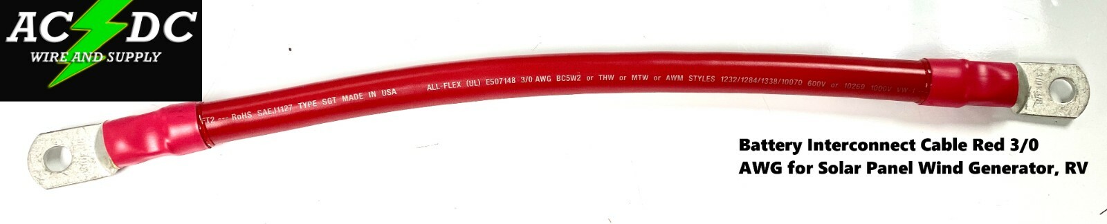 Battery Interconnect Cable RED 12 Inch 3/0 AWG for Solar Panel Wind Generator