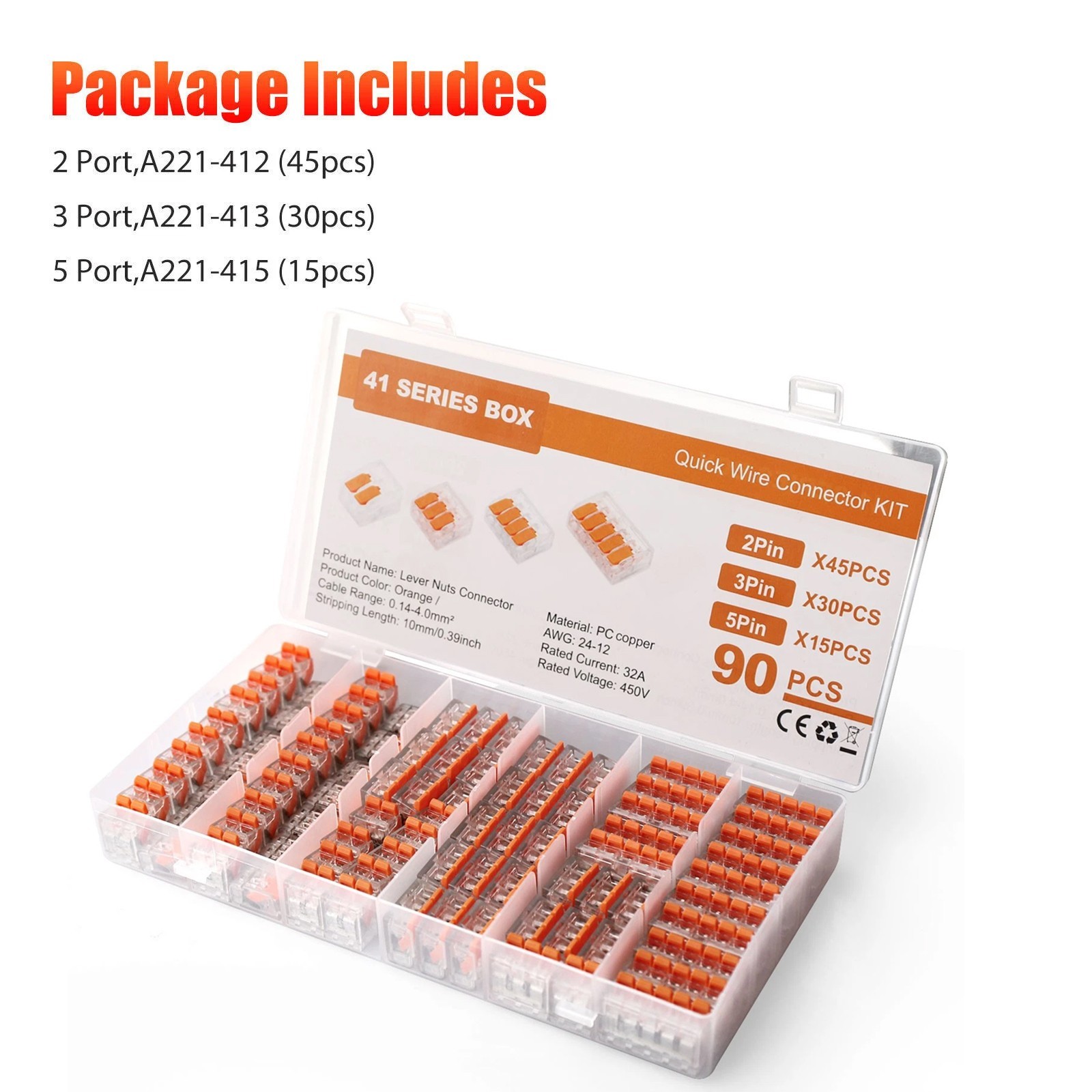 90Pcs For Wago 221 Lever Nuts Compact Splicing Wire Connectors – 2/3/5 Terminal