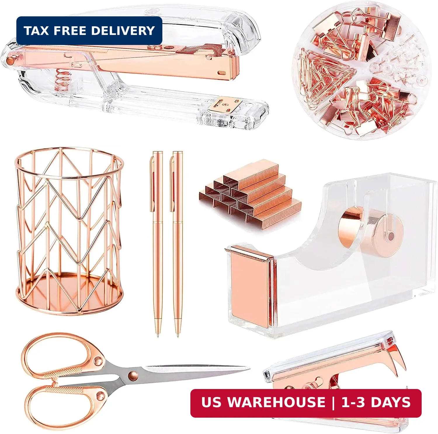 Famassi Rose Gold Desk Accessories，Office Supplies Set Acrylic Stapler Set Stapl
