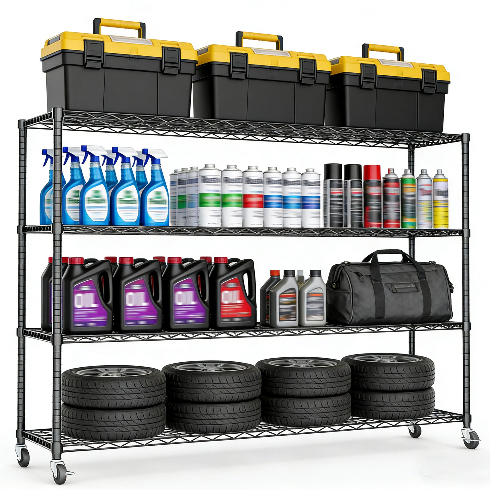 4Tier Black Mobile Metal Shelving Unit Adjustable Kitchen Warehouse Storage Rack