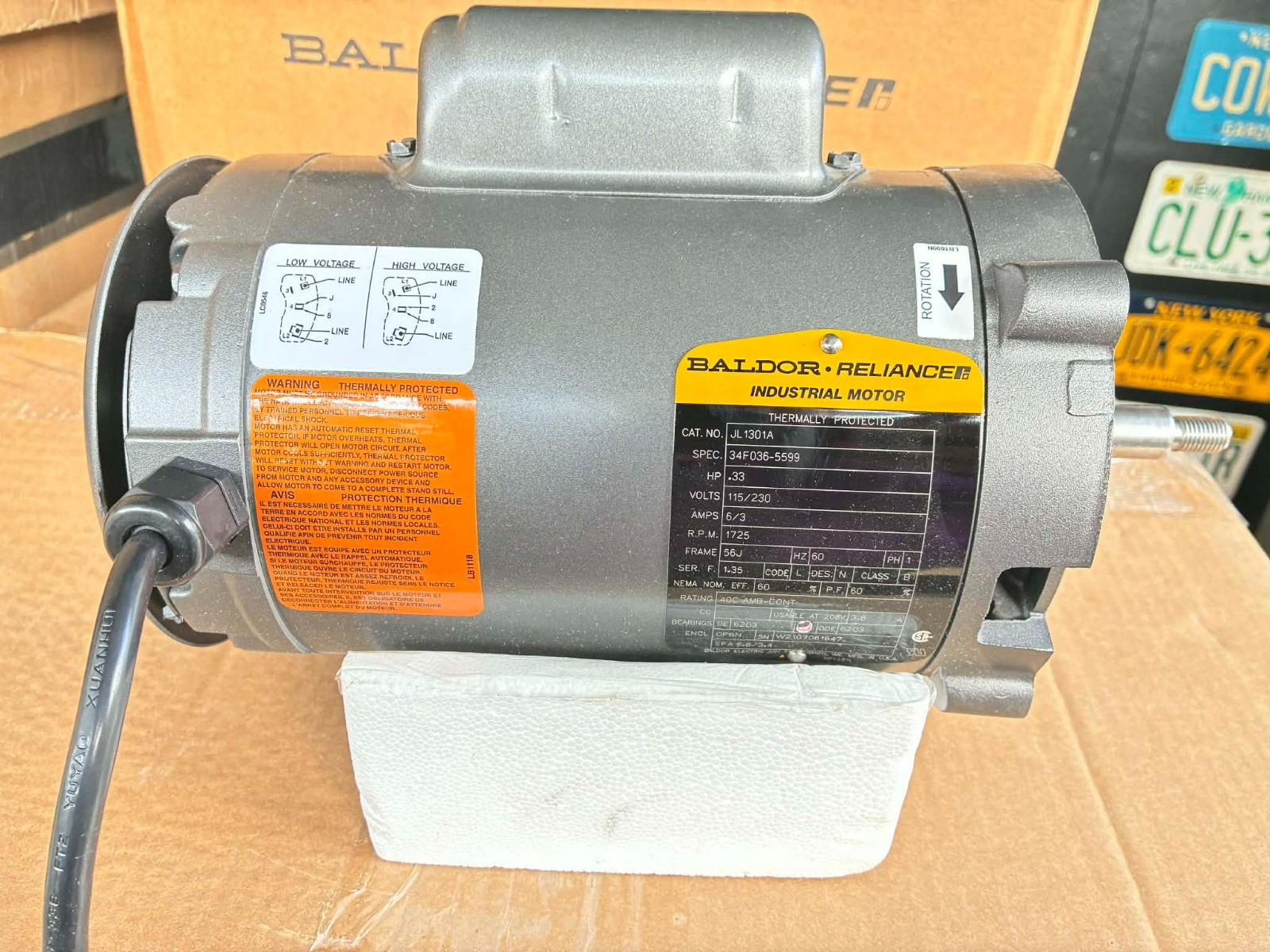 Baldor Reliance Motor- JL1301A/ .33HP/ OPEN (odp)/ 1725 RPM/ 56J frame