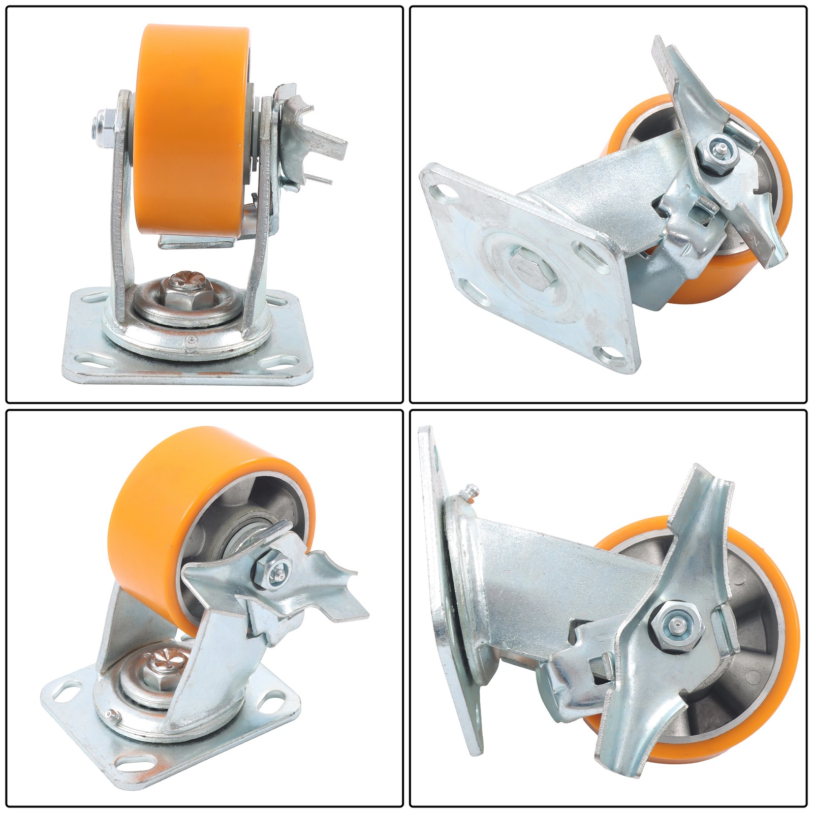 4″ Side Brake Polyurethane Plate Casters, 3200 Pounds, Silver + Qrange, 4 Pieces