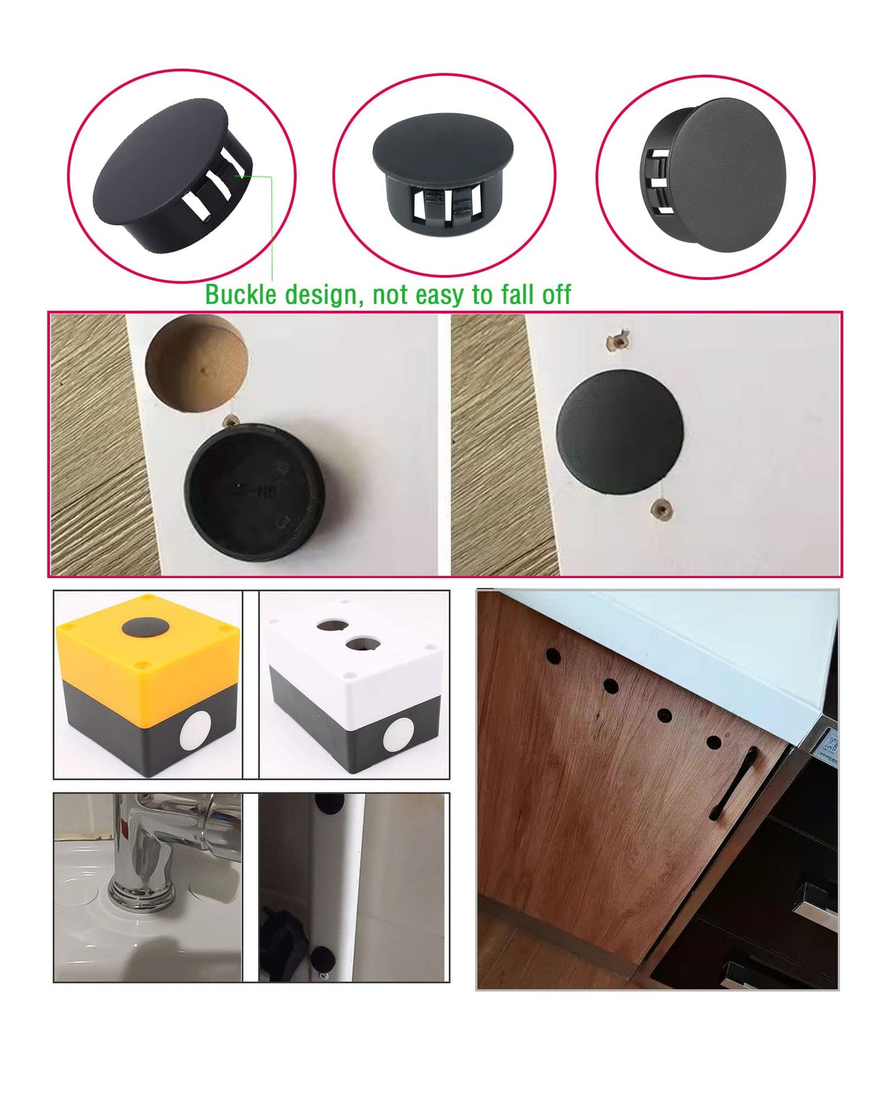 360 PCS 9 Sizes Plastic Hole Plugs Flush Type Hole Plugs Snap in Locking Black