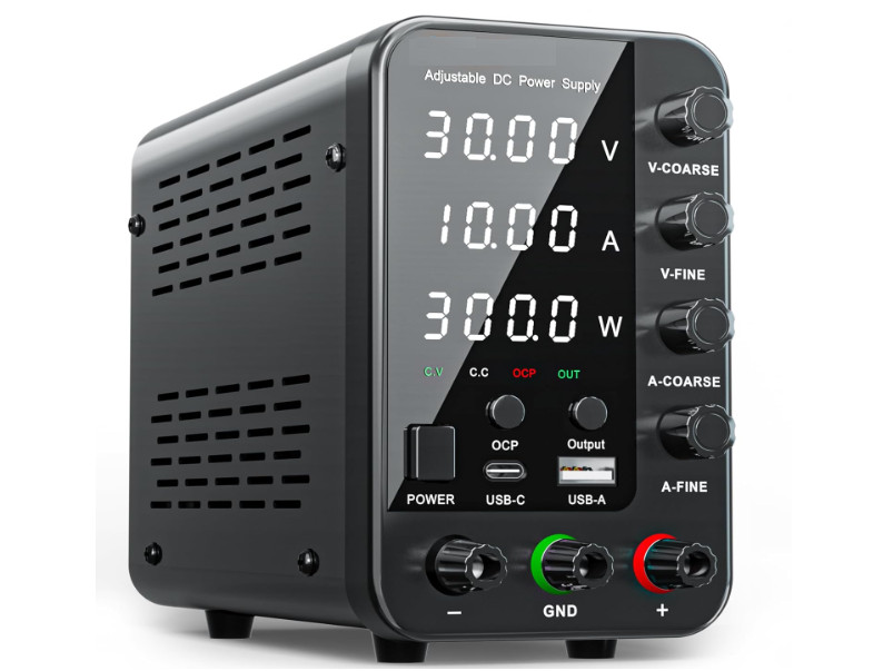 Fuente de alimentación DC 30V 10A con ajuste fino y carga rápida USB y Type-C. N