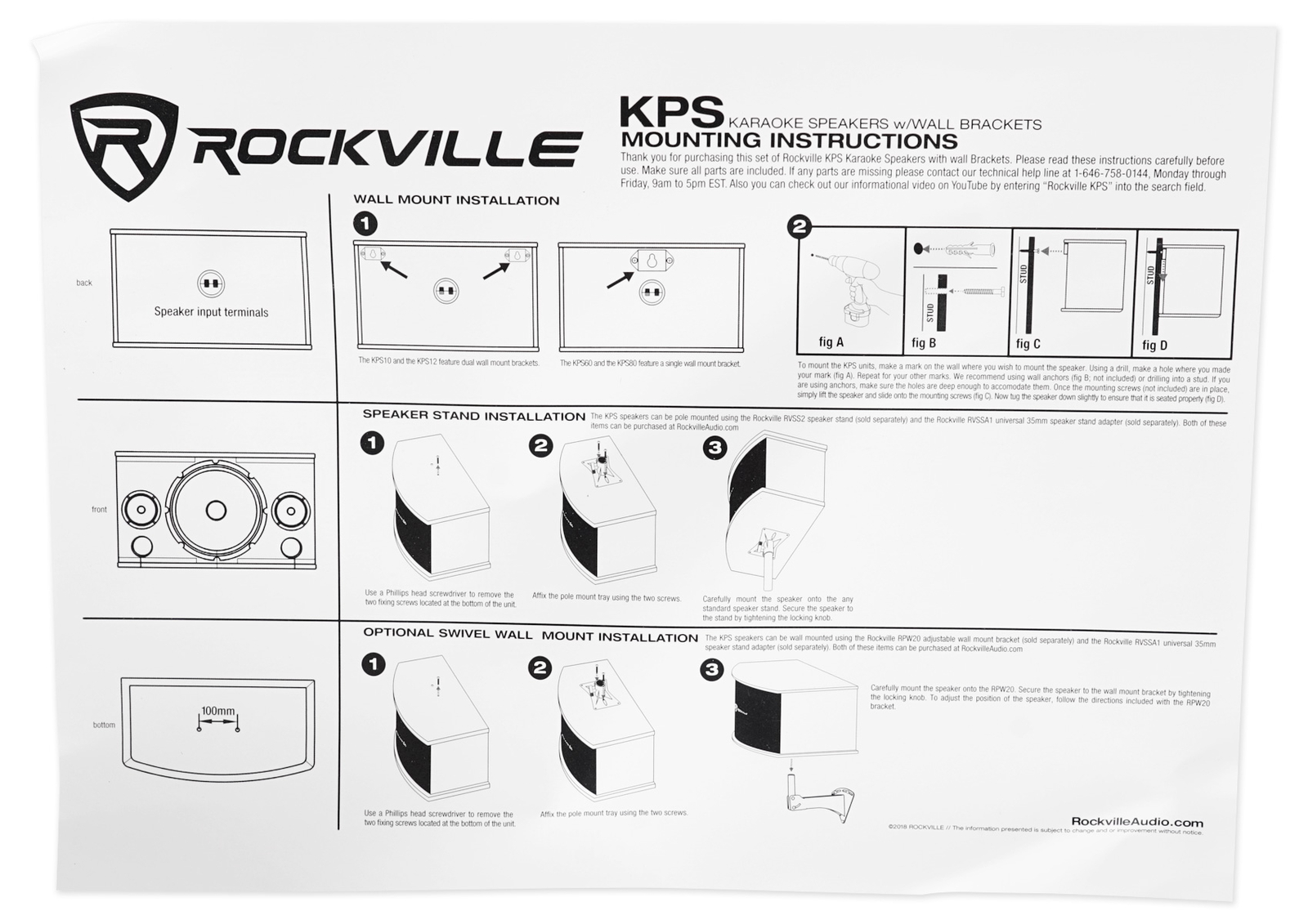 Pair Rockville KPS80 8″ 800w Speakers w/Wall Brackets For Restaurant/Bar/Cafe