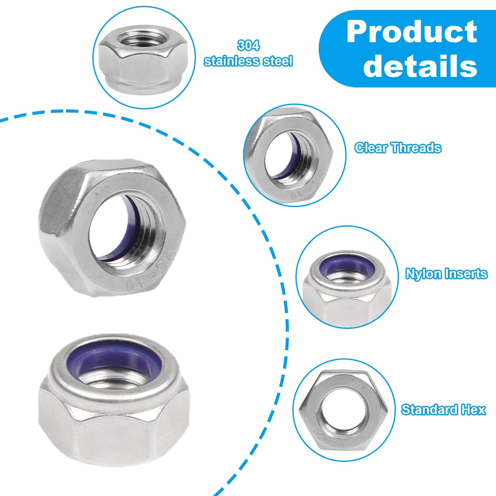 150PCS M3 Locknuts M3x0.5mm Nylon Insert Hex Lock Nuts 304 Stainless Steel Me…