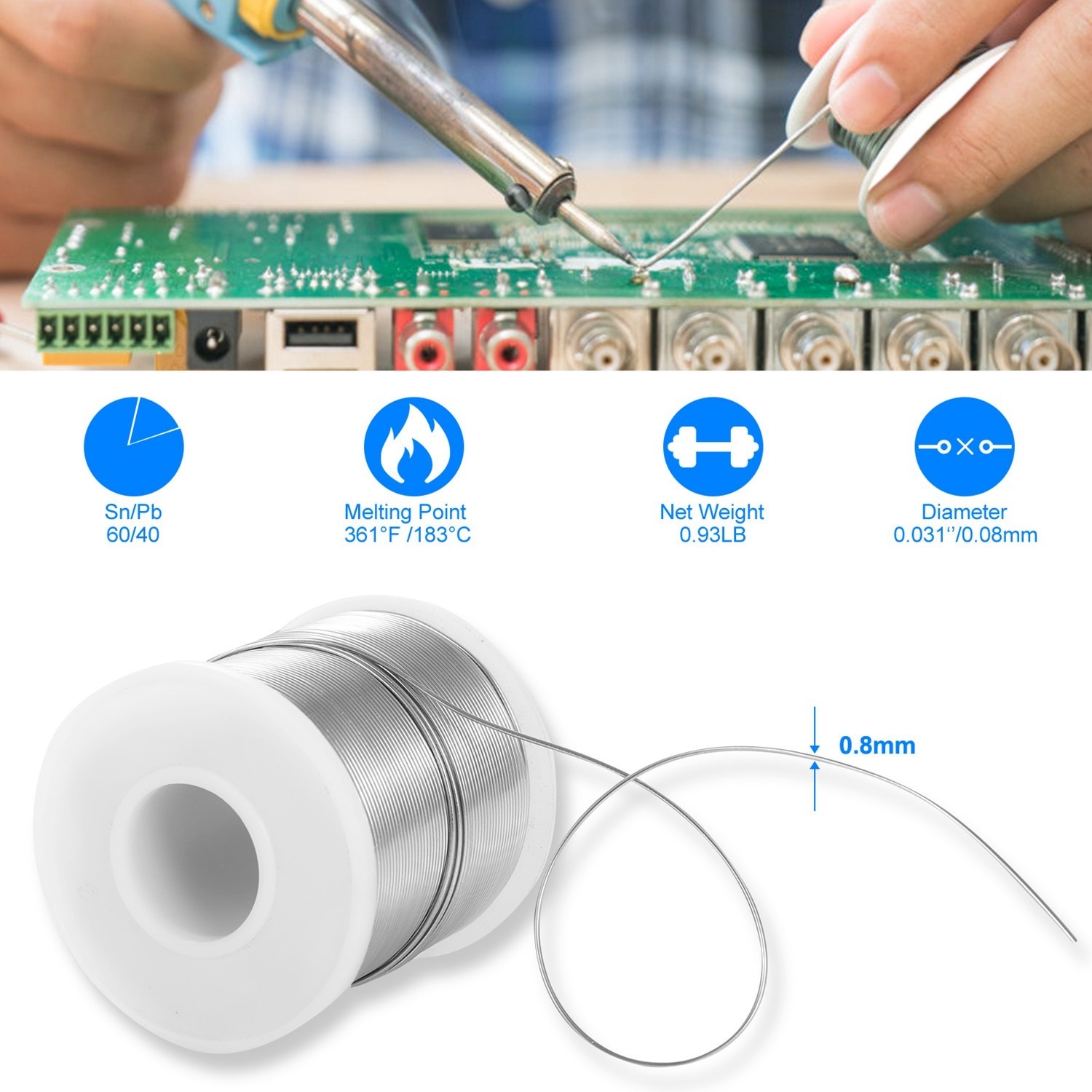60/40 Tin Lead Rosin Core 0.031”/0.8mm 1.7% Flux Electrical Solder Wire 1lb