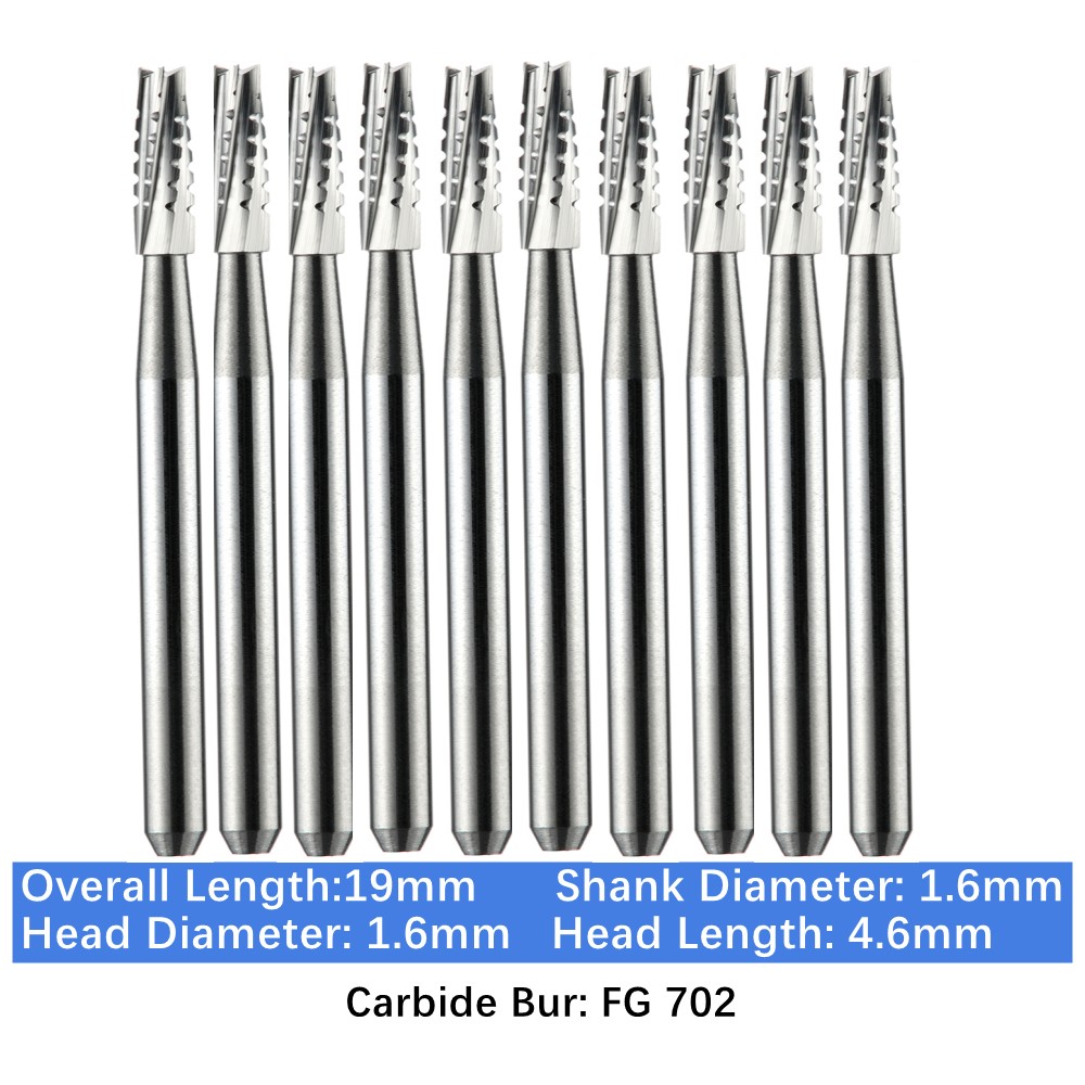 Vakker 10pc Dental Carbide Burs FG 702 Taper Flat End Cross-Cut High Speed Bur