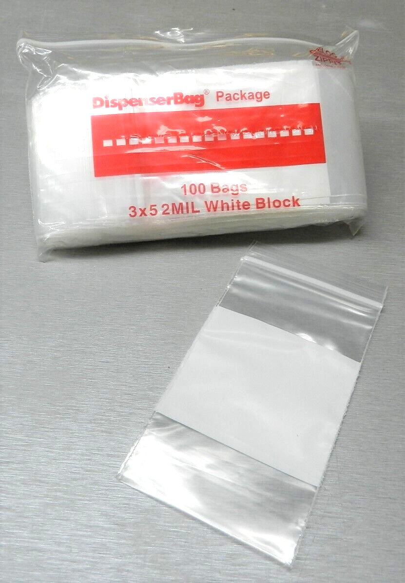 100 3×5 White Block Bags 2mil Reloc Zippit Poly Writeable Poly Bags 3″ x 5″
