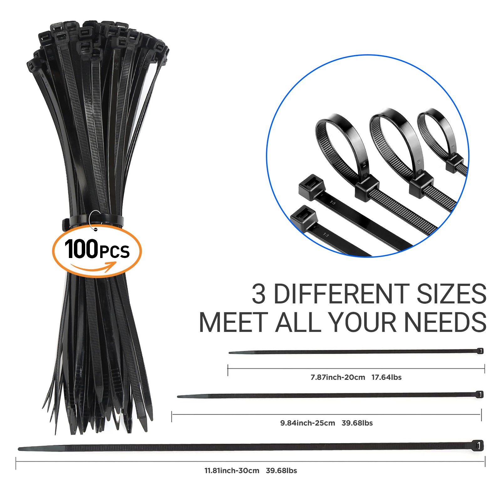 Zip Cable Ties Assorted Sizes 300(6”+8”+10”) Heavy duty Nylon Black UV Resistant