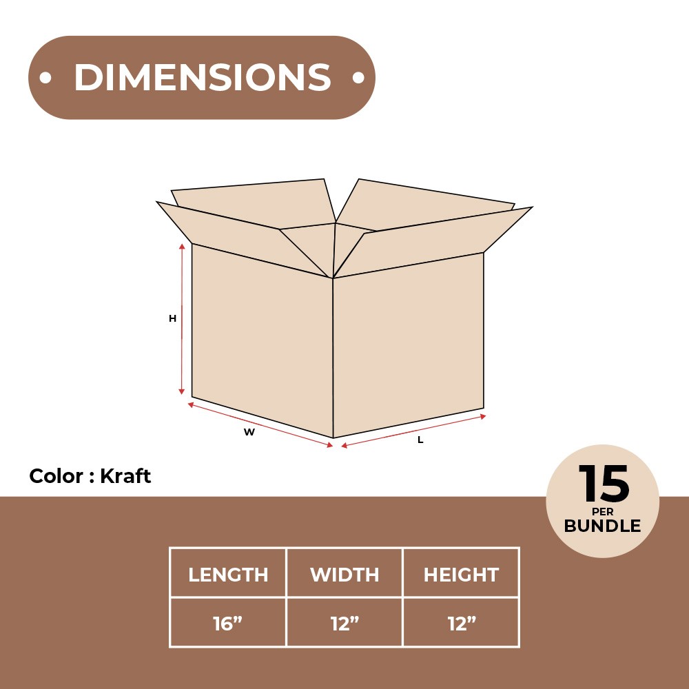 16 x 12 x 12″ Double Wall Boxes Heavy Duty ECT-48 Brown Shipping Boxes 15/Bundle