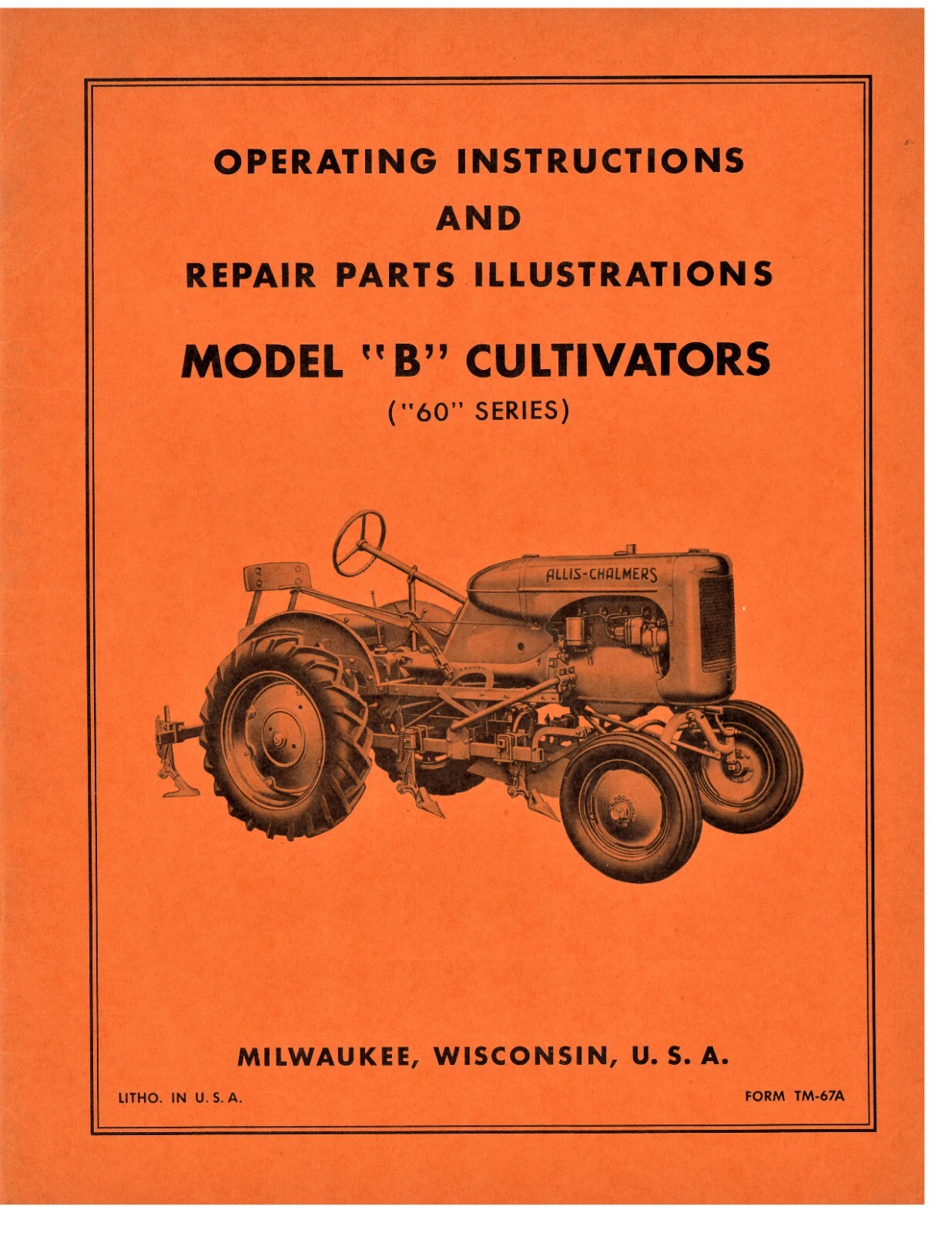 Allis Chalmers Model B 60 Series 1 Row Cultivator Operators + Parts Manual AC