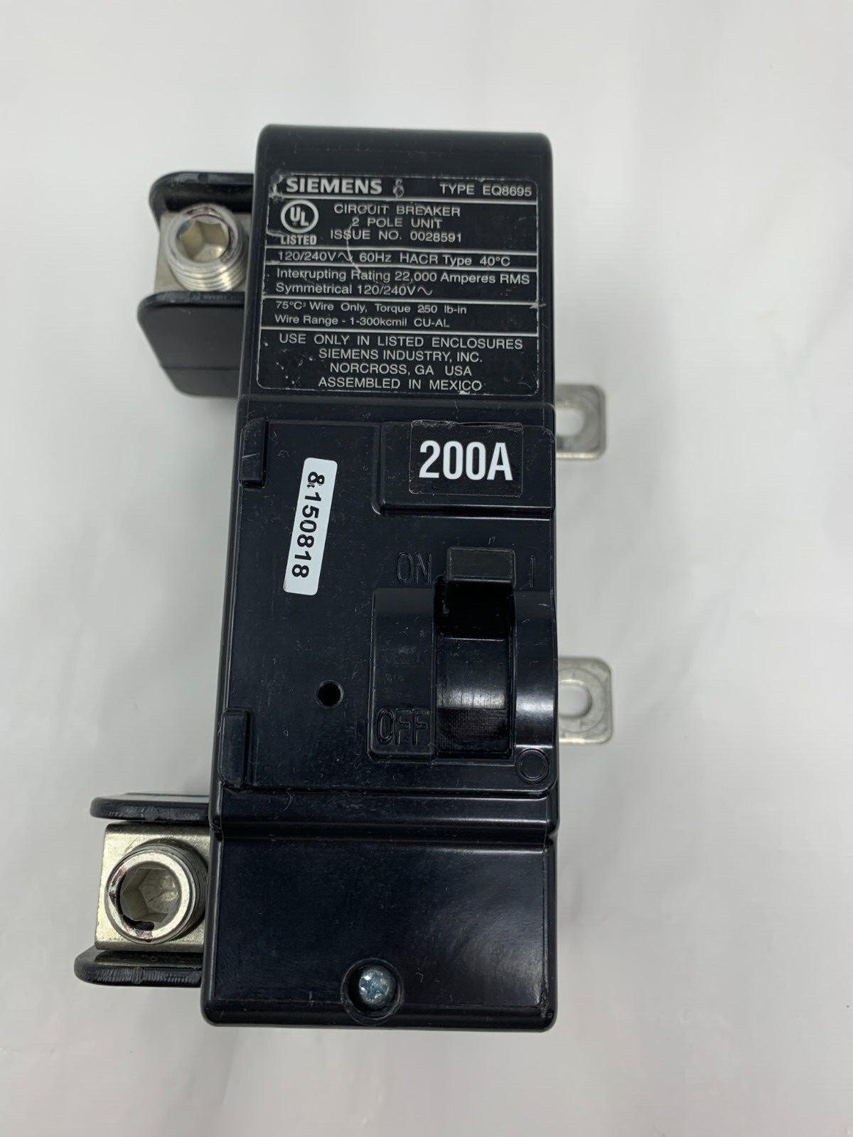 Siemens MBK200A 200A 2P 120/240V Bolt-On Circuit Breaker No Box