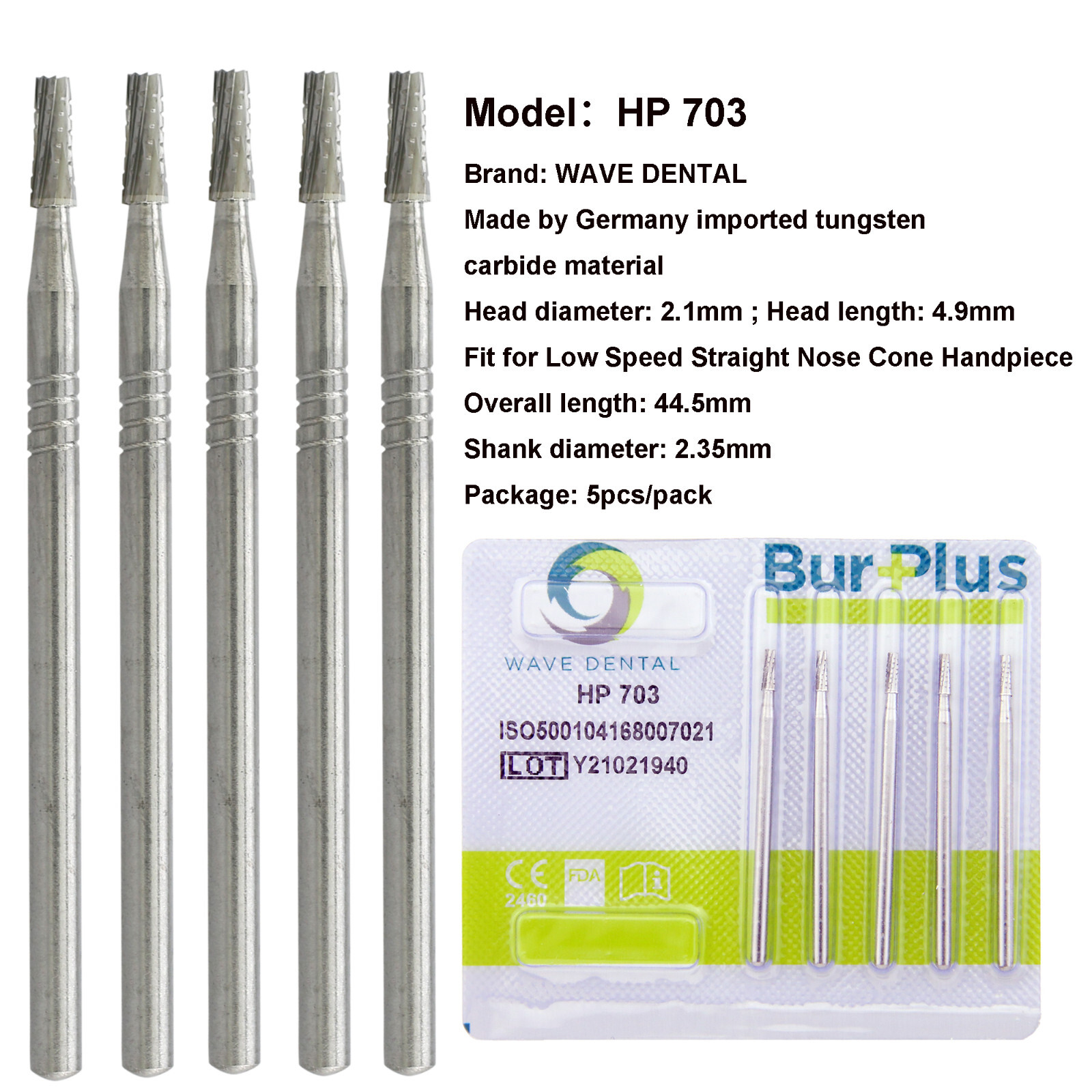 Wave Dental Surgical Burs For Straight Handpiece Taper Fissure Carbide HP 44.5mm