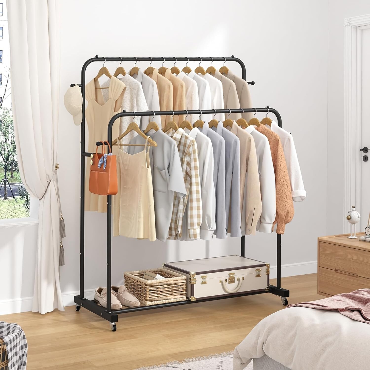 Modern Freestanding Clothes Organizer with Wheels and Dual Rods – Sleek Black