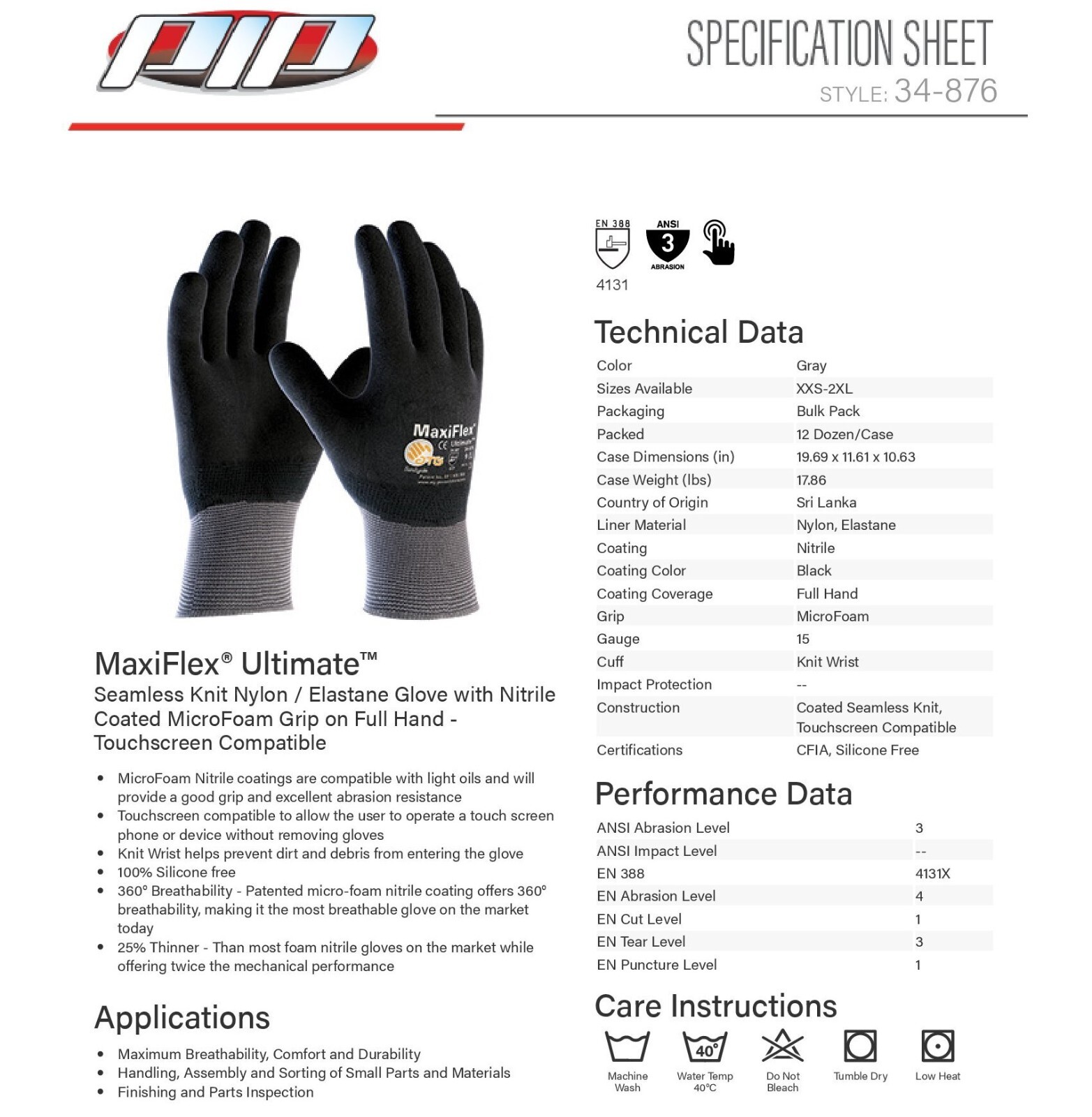 12 34-876 MaxiFlex Foam Full Palm Coated Nitrile Grip PROTECTIVE WORK GLOVES 2XL