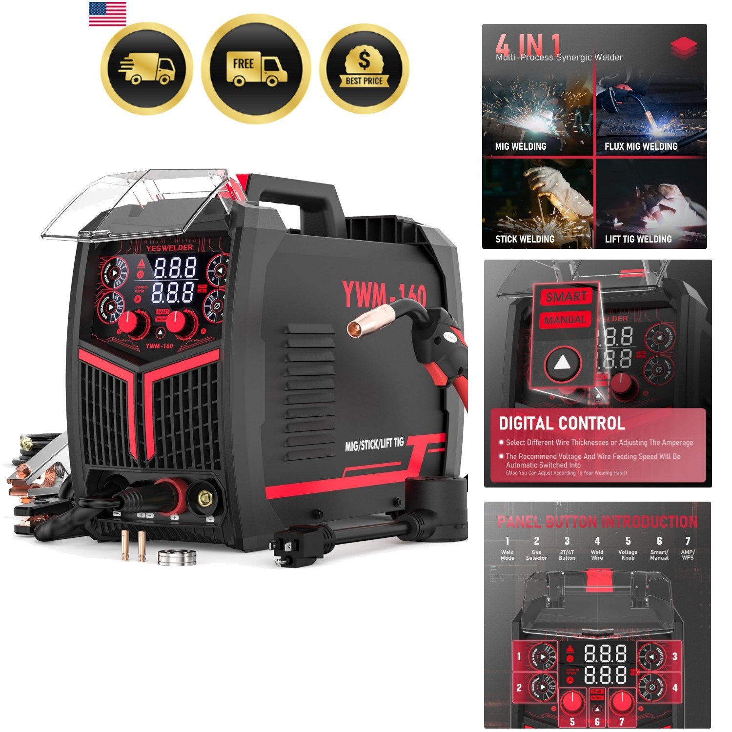 160A MIG Welder, 110V/220V Dual Voltage, 4 in 1 Gas MIG/Flux Core MIG/Lift TI…