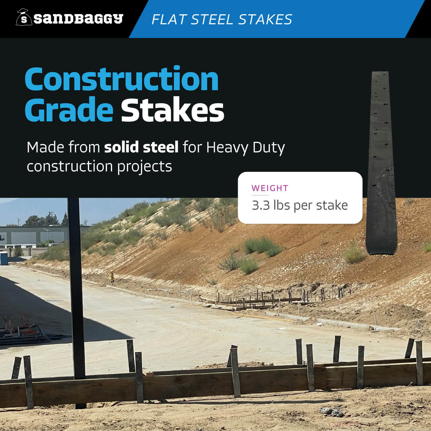 Sandbaggy 30″ Flat Steel Stakes For Concrete Forms With Nail Holes – Reusable